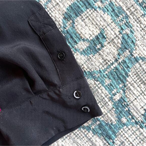 Joie 'Mystic' Black Silk Blouse - Contrast Trim V-Neck Long Sleeve Shirt - Picture 8 of 10